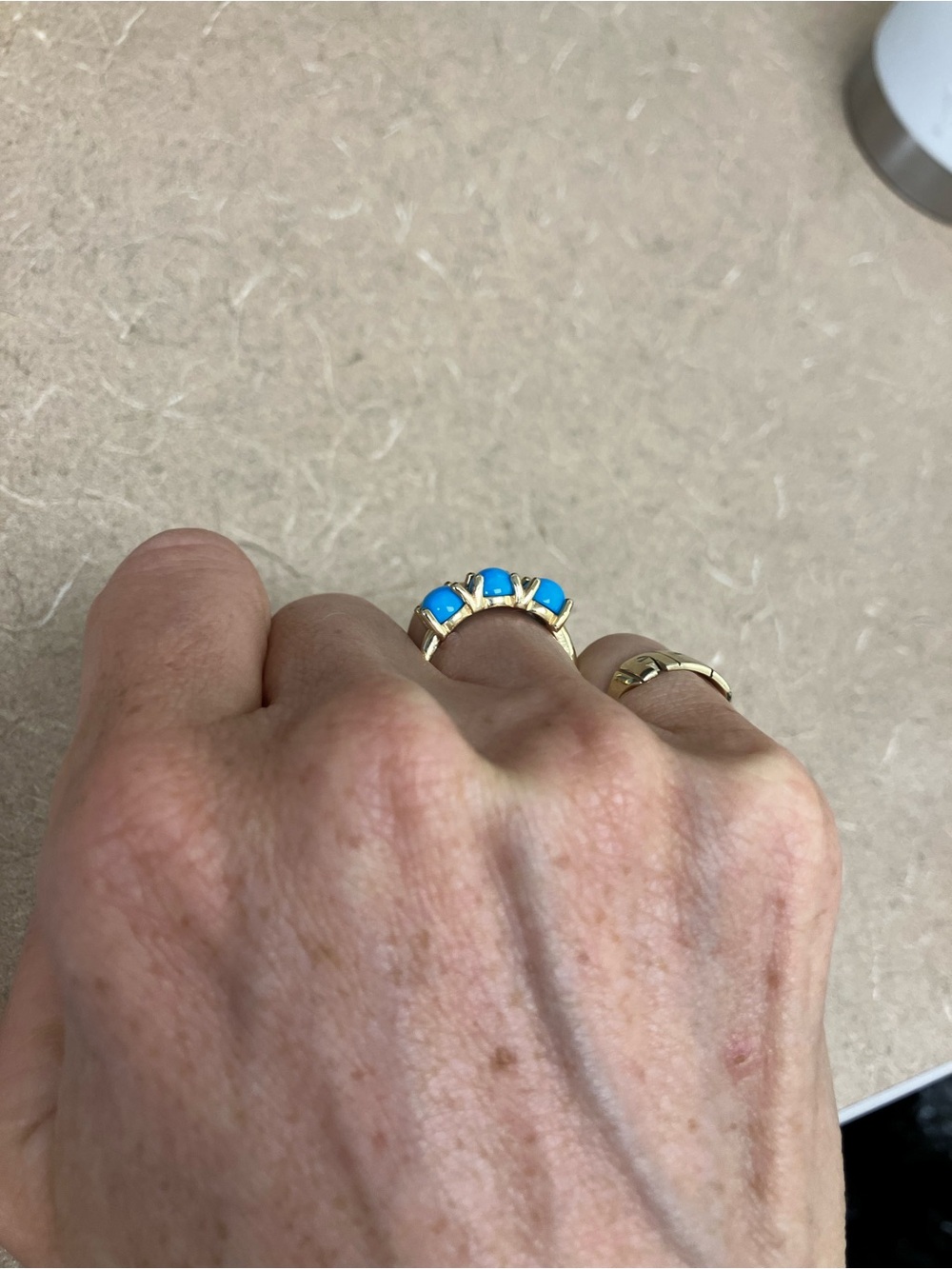 14k Gold Ring with Three Bright Sleeping Beauty Turquoise Stones - Picture 2 of 5